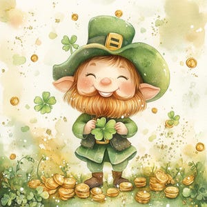 Jolie carte postale de la Saint-Patrick en téléchargement numérique - Art adorable lutin et trèfle, carte de voeux irlandaise lunatique, téléchargement immédiat