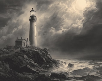 Vintage Lighthouse Digital Download – 19th Century Nautical Art, Antique Ocean Print, Coastal Wall Decor, Maritime Illustration