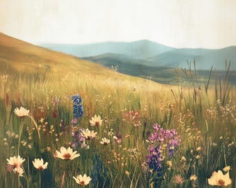 Vintage Wildflower Field Digital Download – Countryside Landscape Art, Rolling Hills Nature Scene, 1920s Postcard Style Wall Decor