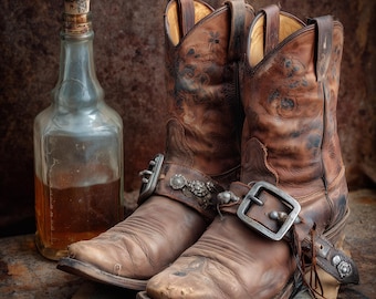 Konsttryck med cowboystövlar och whisky: Rustik westerndekor (digital nedladdning)