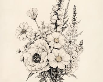 Vintage Botanical Flower Illustration Digital Download – Wildflower Line Art Print, Black and White Floral Wall Decor, Hand-Drawn look