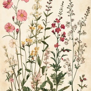Impresión botánica antigua / Ilustración vintage de flores silvestres / Arte floral de pared del siglo XIX / Decoración botánica imprimible / Arte de herbario victoriano