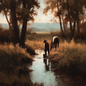 Vintage Cowboy Creek Scene Digital Download – Western Oil Painting Printable, Rustic Horse Wall Art, Country Landscape Decor