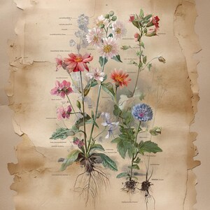 Descarga digital de láminas de flores botánicas vintage: arte mural de flores silvestres antiguas, ilustración científica de plantas, decoración floral natural