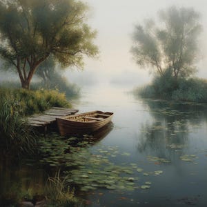Misty Lake Rowboat Digital Download | Tranquil Nature Wall Art | Vintage Landscape Printable | Serene Water Scene Rustic Decor Print