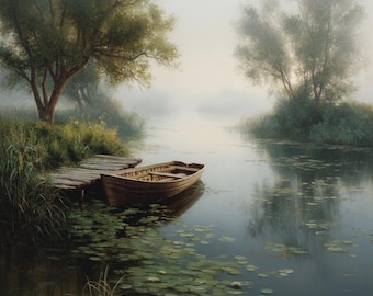 Misty Lake Rowboat Print: Tranquil Vintage Landscape (Digital Download)
