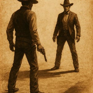 Wild West Duel Art Print – Vintage Cowboy Standoff Digital Download, Old West Showdown Wall Decor, Sepia Western Poster, Rustic Saloon Home