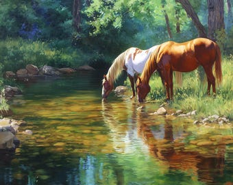 Horses at the Creek Art Print – Peaceful Country Digital Download, Western Nature Wall Decor, Sunlit Pasture Poster, Rustic Home Art