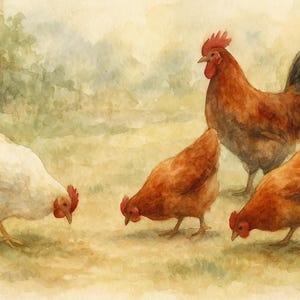 Farmhouse Chicken Watercolor Art, Rustic Rooster and Hen Wall Decor, Country Kitchen Printable, Farm Animal Digital Download, Cozy Cottage A