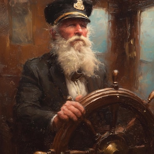 Sea Captain at the Helm Art Print – Nautical Oil Painting Digital Download, Maritime Wall Decor, Vintage Sailor Portrait Poster