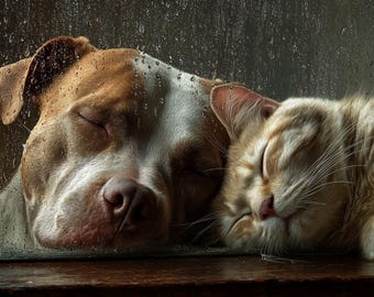 Cozy Dog and Cat Art Print: Rainy Day Window (Digital Download)