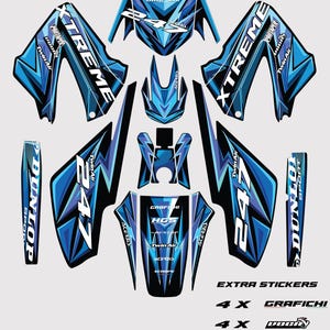 Puede incluir: Un conjunto de gráficos para motocicletas en azul y negro con la palabra "XTREME" en letras blancas. Los gráficos también incluyen los números "247" y las marcas "DUNLOP" y "Twin Air". Se incluyen pegatinas adicionales.