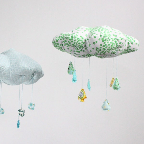 Lucky Little Cloud Mobile - "Raindrops keep falling on my head" fabric sculpture in kelly emerald green, turquoise, yellow, and white