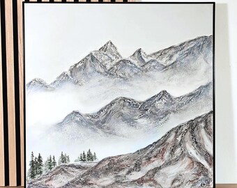 Nebelberge I: Strukturiertes handgemaltes Landschaftsgemälde (60x60 cm)