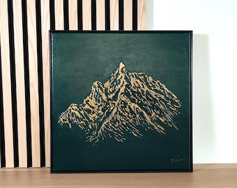 Grüner Berg: strukturiertes handgemaltes Acrylbild mit Blattgold (40 x 40 cm)
