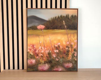 Blumenwiese in der Abendsonne: handgemaltes Ölgemälde (51 x 41 cm)