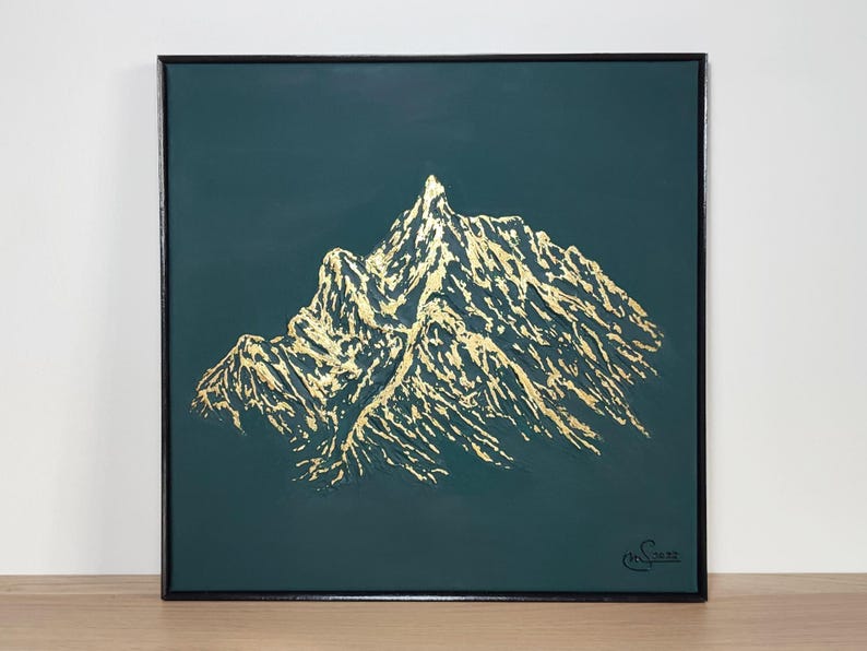 Grüner Berg: strukturiertes handgemaltes Acrylbild mit Blattgold (40 x 40 cm) image 3