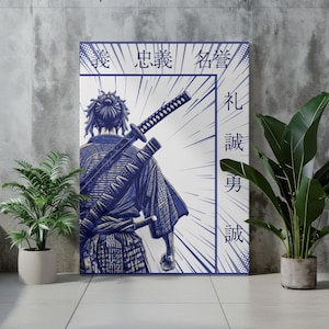 May include: A blue and white illustration of a samurai warrior with two swords on their back. The text "義 忠義 経" and "礼 譲 男 誠" is written in Japanese on the right side of the image.