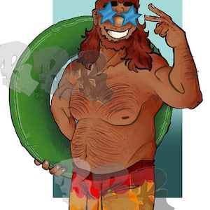 May include: A cartoon illustration of a person with long red hair and a beard wearing sunglasses and a red and yellow swimsuit. The person is holding a green inflatable ring.