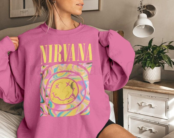 Nirvana Smiley Face Crewneck Sweatshirt Pink Nirvana Smiley Etsy