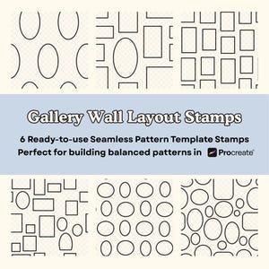 May include: Six seamless pattern template stamps for gallery wall layouts. The stamps feature various arrangements of rectangular and oval frames. The text reads "Gallery Wall Layout Stamps" and "6 Ready-to-use Seamless Pattern Template Stamps".