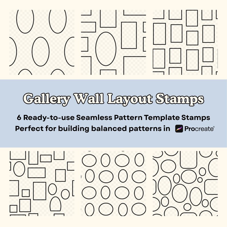May include: Six seamless pattern template stamps for gallery wall layouts. The stamps feature various arrangements of rectangular and oval frames. The text reads "Gallery Wall Layout Stamps" and "6 Ready-to-use Seamless Pattern Template Stamps".