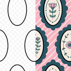 May include: A repeating pattern featuring oval frames with floral designs on a pink and white striped background. The frames have a dark teal scalloped border. The floral designs include pink flowers and green stems.