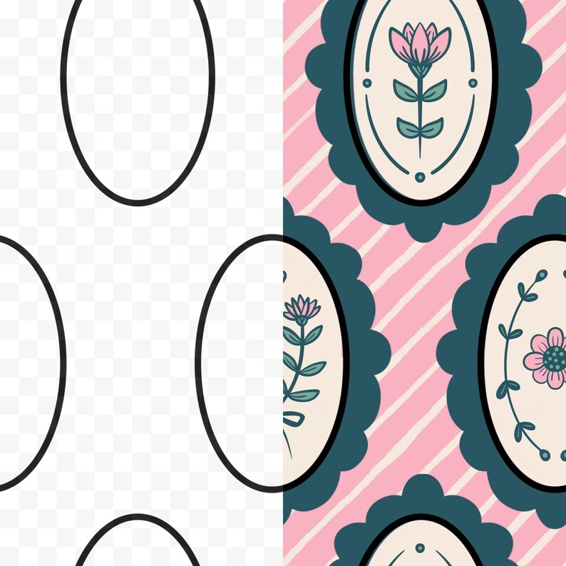 May include: A repeating pattern featuring oval frames with floral designs on a pink and white striped background. The frames have a dark teal scalloped border. The floral designs include pink flowers and green stems.