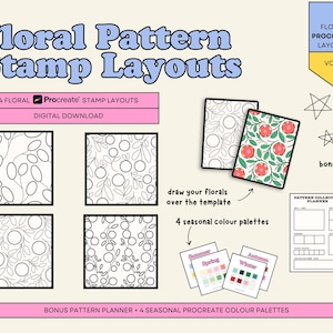 Puede incluir: Descarga digital de diseños de sellos florales Procreate. La imagen presenta cuatro diseños de sellos florales, un planificador de patrones adicional y cuatro paletas de colores de temporada. Los diseños incluyen varios diseños florales, y las paletas de colores son para primavera, verano, otoño e invierno.