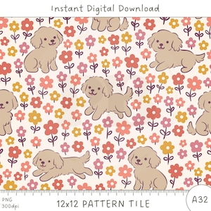Goldendoodle puppy naadloos patroon - schattige bloemenhond digitaal papier voor kinderdagverblijf, babykleding, scrapbooking & sublimatie - direct downloaden