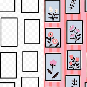 May include: A seamless pattern featuring framed floral illustrations. The artwork includes various flowers in pink, white, and peach, set against a light blue backdrop. The background alternates between a transparent grid and pink stripes.