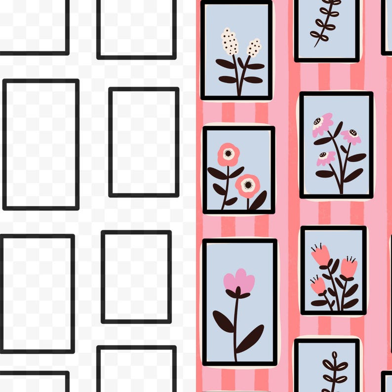May include: A seamless pattern featuring framed floral illustrations. The artwork includes various flowers in pink, white, and peach, set against a light blue backdrop. The background alternates between a transparent grid and pink stripes.
