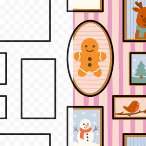 May include: A collection of framed Christmas-themed illustrations. The central image is an oval frame with a gingerbread man. Other frames feature a reindeer, a snowman, a bird on a branch, and a Christmas tree. The background has pink and white vertical stripes.