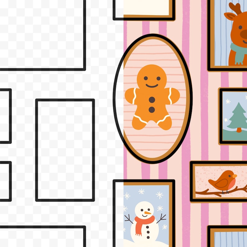 May include: A collection of framed Christmas-themed illustrations. The central image is an oval frame with a gingerbread man. Other frames feature a reindeer, a snowman, a bird on a branch, and a Christmas tree. The background has pink and white vertical stripes.