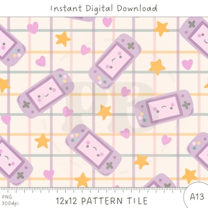 Modello digitale di ragazza gamer kawaii – Modello senza cuciture per console portatile carina, sfondo di gioco pastello per bambini, adolescenti, lavori di sublimazione