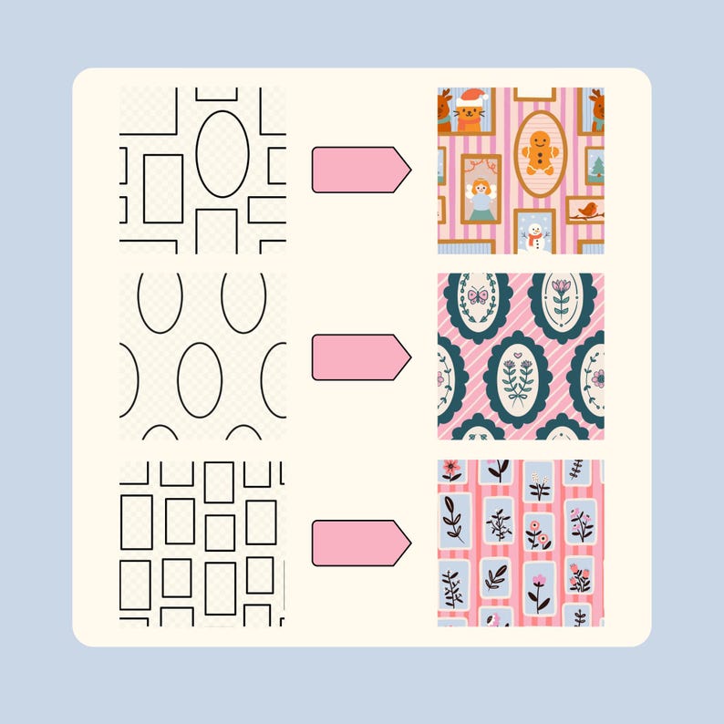 May include: A digital illustration showcasing three pattern designs. The first features a grid of frames, transforming into a holiday-themed pattern with framed images. The second design shows oval shapes, evolving into a floral pattern. The third design shows rectangles, becoming a floral pattern.