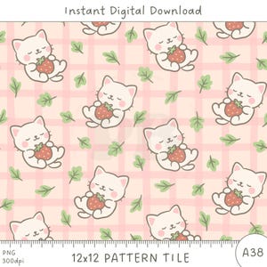May include: A repeating pattern tile featuring white cartoon cats holding strawberries, with green leaves and a pink plaid background. The text "Instant Digital Download" and "12x12 PATTERN TILE" are displayed at the top and bottom of the image.