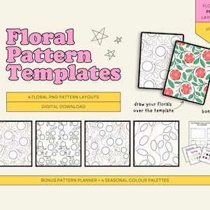 Peut inclure: Téléchargement numérique de modèles de motifs floraux. L'image présente le texte "Floral Pattern Templates" en rose, ainsi que des exemples des motifs. Comprend un planificateur de motifs bonus et des palettes de couleurs saisonnières. Les mises en page sont pour un usage numérique.