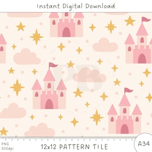 Pink Princess Castle Seamless Pattern File - Cute Fairytale Digital Paper for Kids - Baby Girl Nursery Fairy Tale - Instant Download