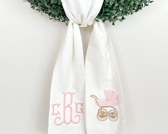 Embroidered Baby Carriage Wreath Sash, Personalized Monogram