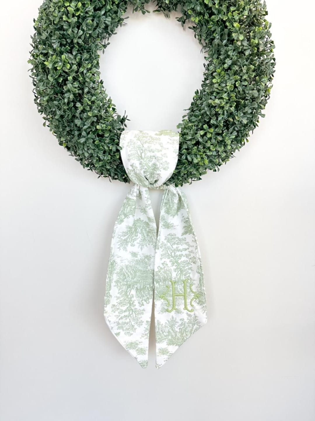 Green Toile Wreath Sash, Toile Spring Wreath Embroidered Sash, Embroidery Sash, Door Hanger, Personalized Wreath Sash, Initial Door Sash - Initial on Left