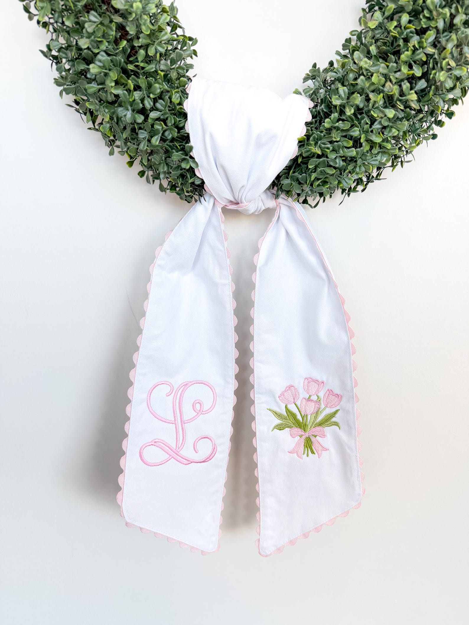Embroidered Tulip Wreath Sash, Personalized Initial Door Hanger
