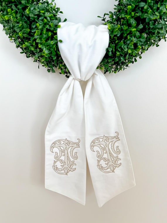 Vintage Vine Wreath Sash, Boxwood Wreath Embroidered Sash, Embroidery Sash, Door Hanger, Personalized Wreath Sash, Initial Door Sash