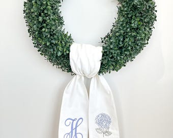 Embroidered Hydrangea Wreath Sash, Personalized Initial Door Hanger