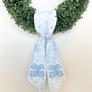 Vintage Vine Blue Floral Wreath Sash, Boxwood Wreath Embroidered Sash, Door Hanger, Personalized Wreath Sash, Initial Door Sash