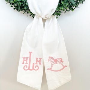Baby Rocking Horse White Wreath Sash, Boxwood Wreath Embroidered Sash, Embroidery Sash, Personalized Wreath Sash, Baby Shower Door Sash