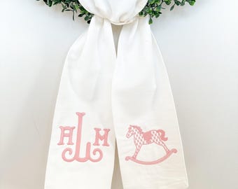 Embroidered Rocking Horse Monogram Wreath Sash, Baby Shower Decor