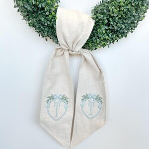 Linen Initial Crest Wreath Sash, Wreath Embroidered Sash, Embroidery Sash,Personalized Wreath Sash, Home Decor Door Sash