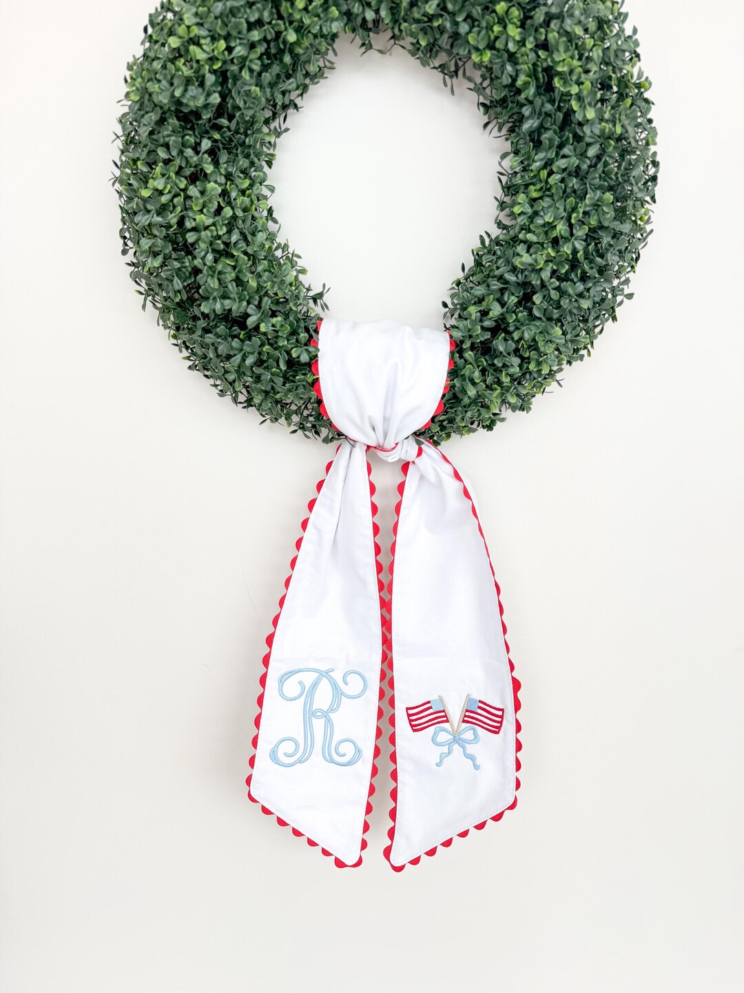 Flag Initial Ric Rac Wreath Sash, Boxwood Wreath Embroidered Sash, USA ...