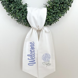 Hydrangea Wreath Sash, Boxwood Wreath Embroidered Sash, Hydrangea Embroidery Sash, Door Hanger, Spring Wreath Sash, Welcome Sash